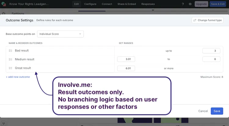 Screenshot of Involve.me's very limited branching or conditional logic