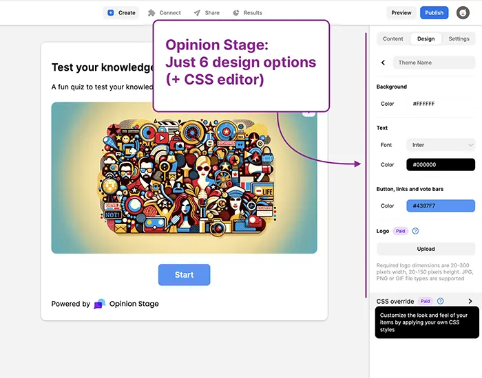 Screenshot highlighting Opinion Stage's limited design customization options.