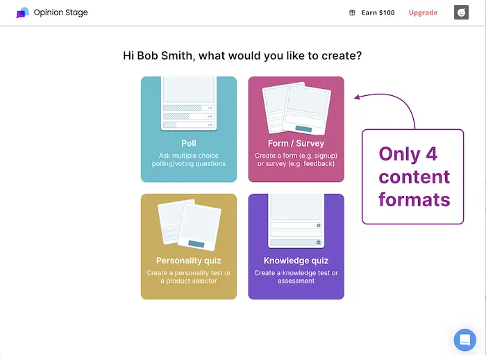 Screenshot showing Opinion Stage's 4 content formats