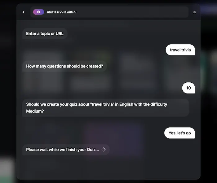 screenshot showing Qzzr's AI creation features