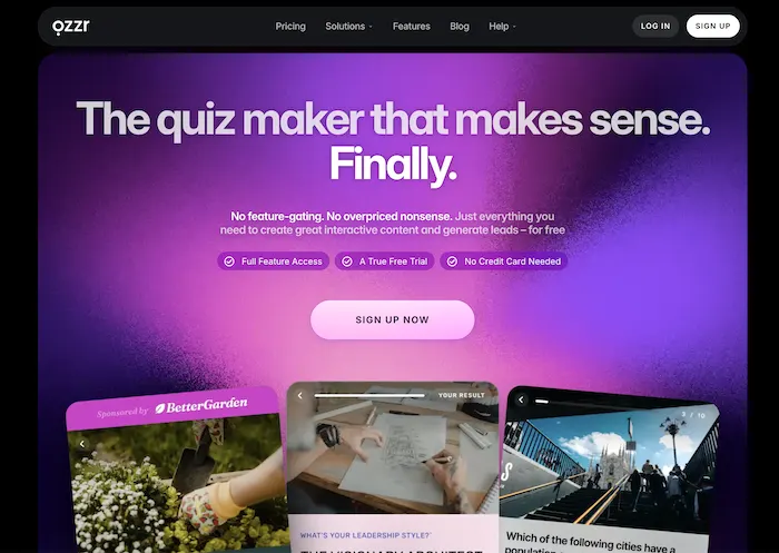 screenshot showing Qzzr's home page