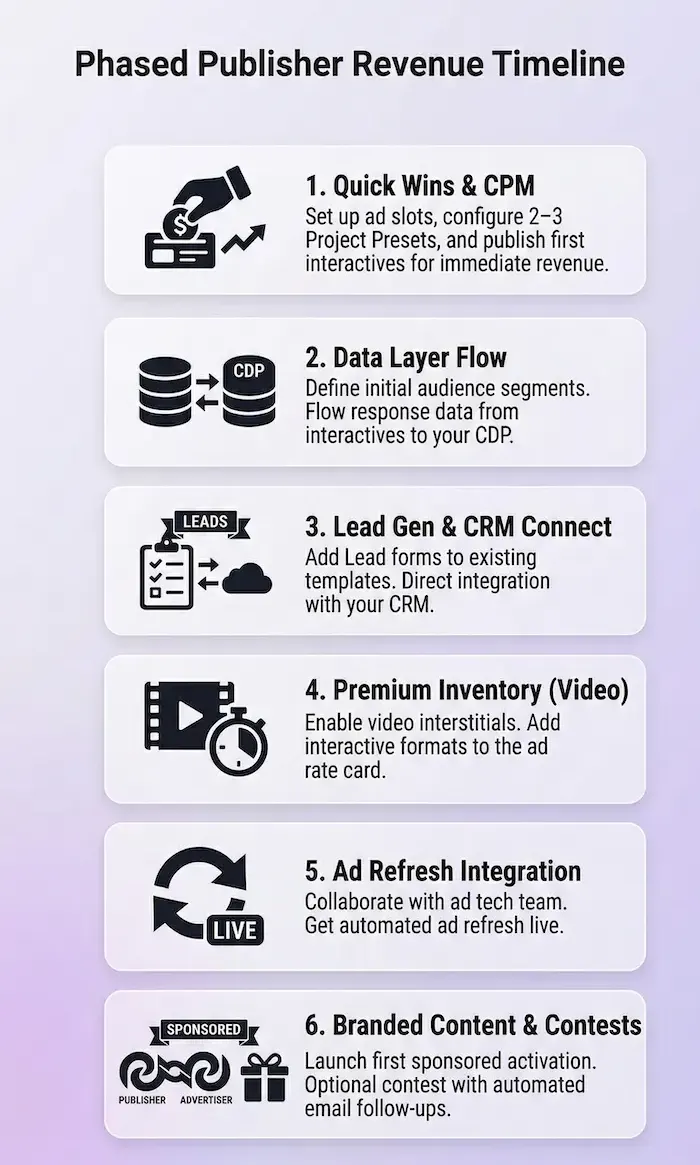 Infographic showing the 6 steps to increasing publisher revenue with Riddle's quiz maker