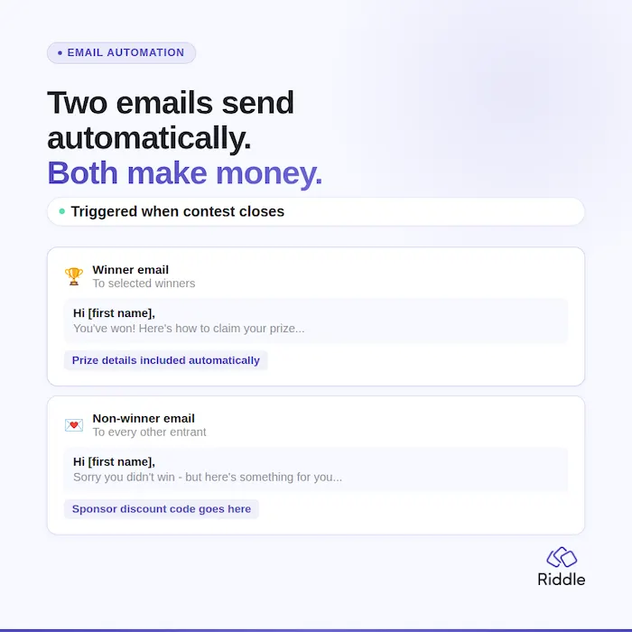 Infographic how Riddle can automatically send winning and losing entrants personalized emails and discount codes for follow ups