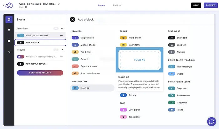 Screenshot showing showing where to insert your own ads using Riddle's ad/iframe block in any quiz or other interactive content