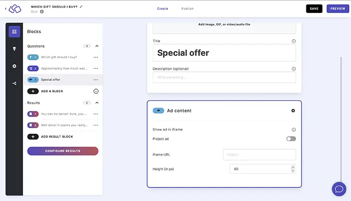 Screenshot showing how to configure your ads in your Riddle quiz or other interactive content