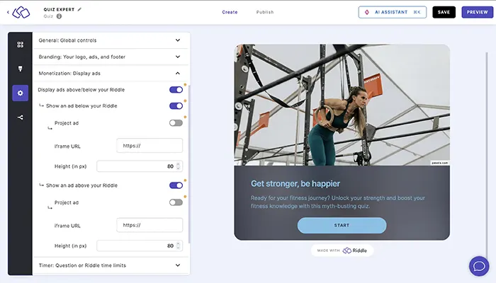 Screenshot showing showing where to insert your own ads above or below your Riddle quiz or other interactive content