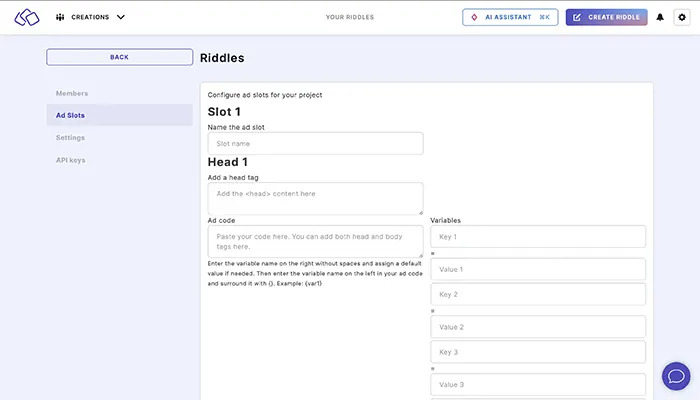 Screenshot showing how to set up ad slots to serve your own ads in your Riddle quiz or other interactive content