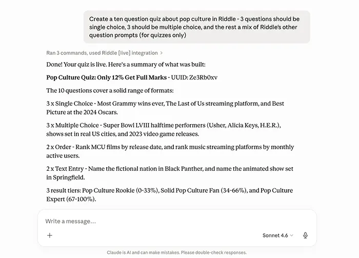 Screenshot showing Riddle's MCP connector allowing quiz creation inside Claude
