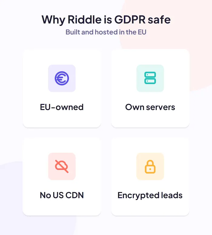 Why Riddle is GDPR safe: EU-based, own servers, no US CDN, encrypted leads