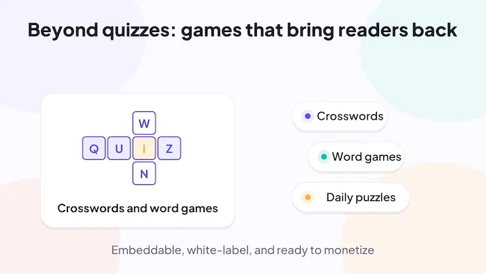 Riddle crosswords and mini-games for publisher retention and ad monetization