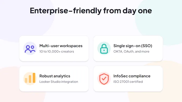 Riddle enterprise quiz maker features: multi-user workspaces for 10 to 10,000+ creators, single sign-on, robust analytics, and ISO 27001 InfoSec compliance