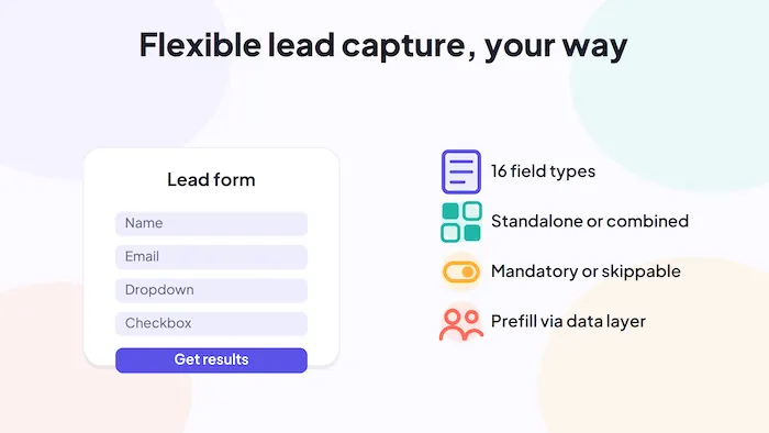 Riddle lead generation form with 16 field types, standalone or combined, mandatory or skippable, and prefilled via the data layer