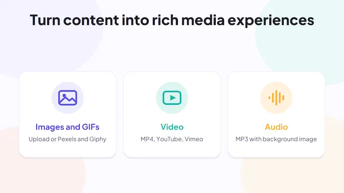 Add rich media to Riddle quizzes: images and GIFs, video from MP4, YouTube, or Vimeo, and MP3 audio
