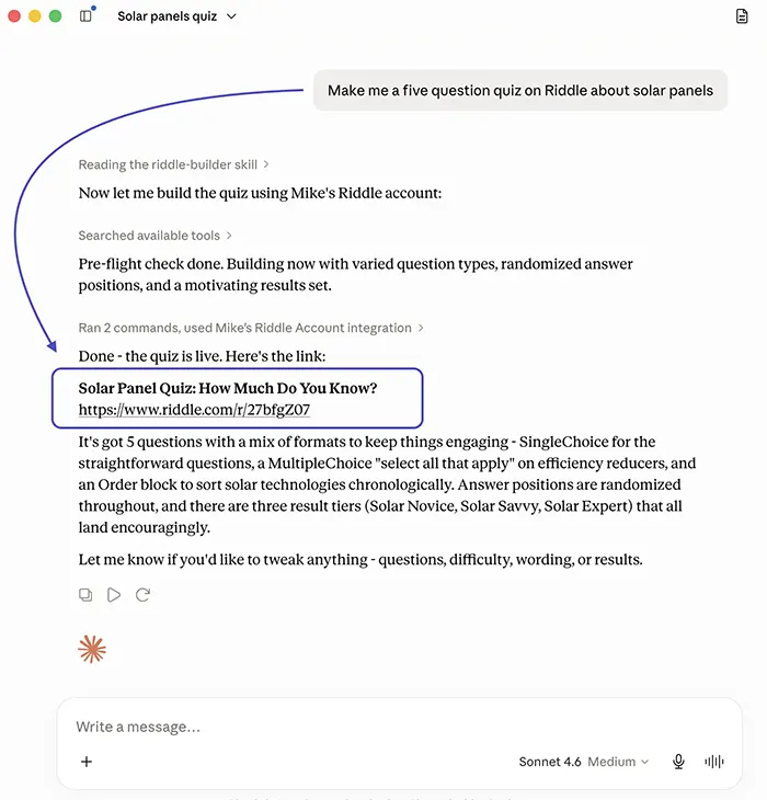 Creating a Riddle quiz with Claude via MCP: a plain-English prompt produces a published, shareable quiz link in seconds