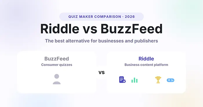 Riddle vs BuzzFeed quiz maker comparison for 2026, showing BuzzFeed as a consumer quiz tool and Riddle as a business content platform.