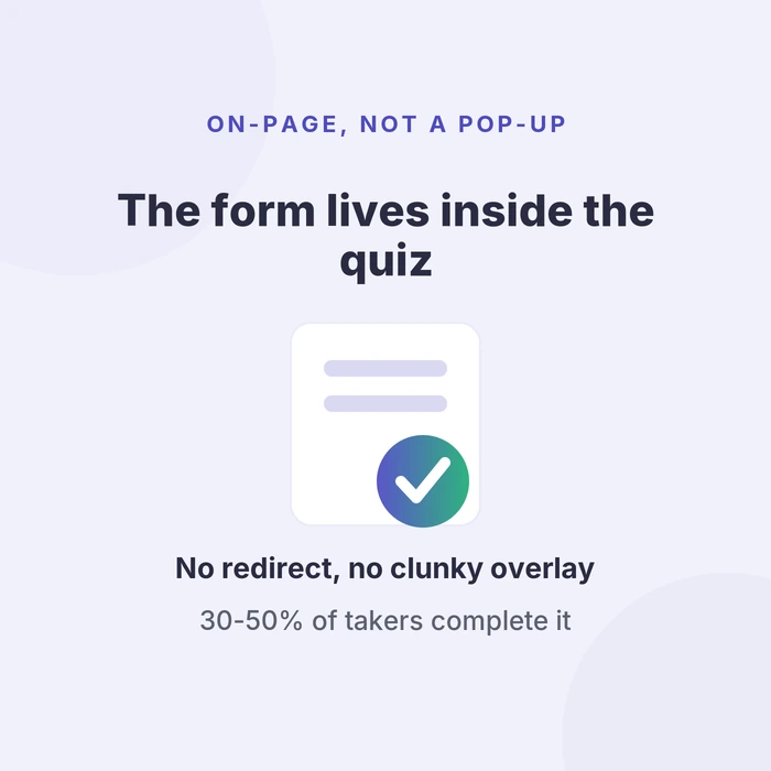 Native on-page lead form inside a quiz, with 30-50% of takers completing it and no pop-up redirect