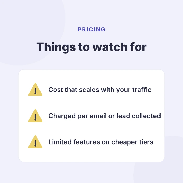 Quiz maker pricing things to watch for - cost that scales with traffic, charges per email or lead collected, and limited features on cheaper tiers