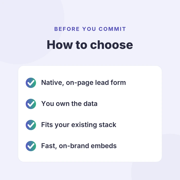 How to choose a lead generation quiz maker - native on-page form, data ownership, stack integrations, and fast on-brand embeds