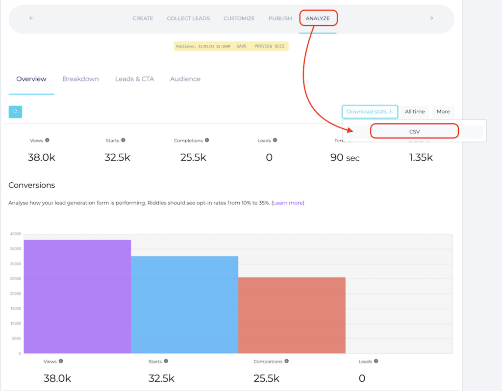 download quiz stats as a CSV