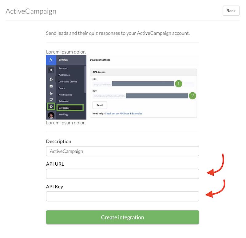 Riddle quiz maker ActiveCampaign integration - api keys