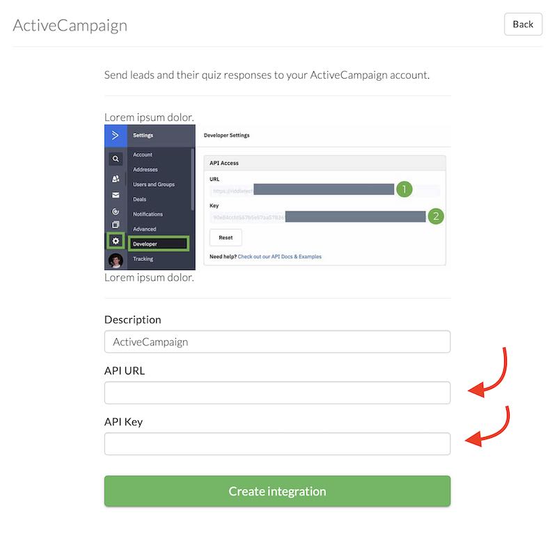 Riddle quiz maker ActiveCampaign integration - api keys