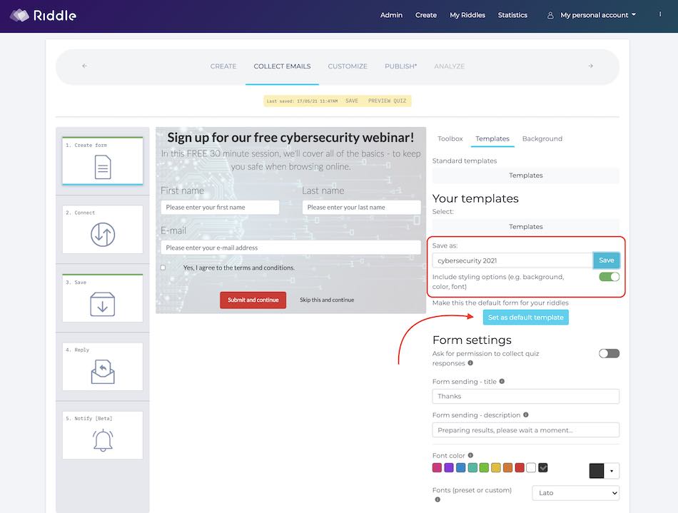 form template settings