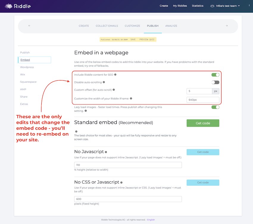 Embed your Riddle quiz - re-embed after changes