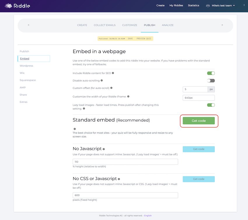 Embed your Riddle quiz - standard embed code