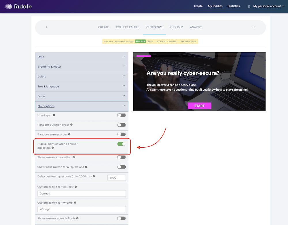 hide quiz answers after each question