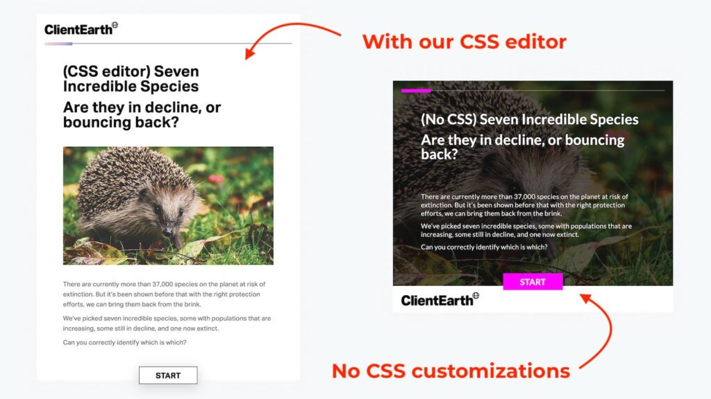 Before and after example - showing effects of using Riddle quiz maker's CSS editor 