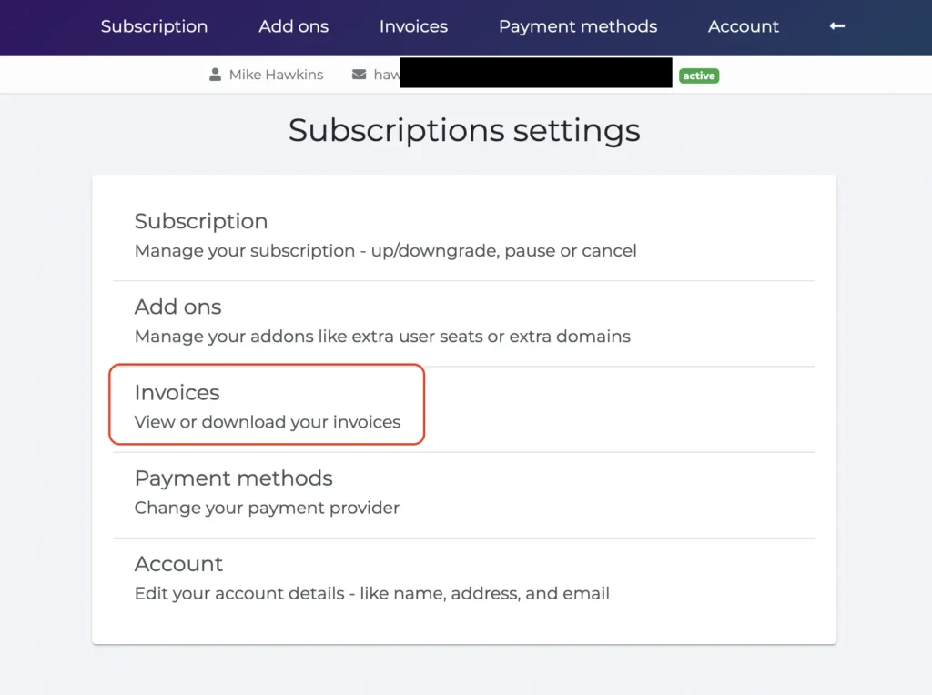 download invoices Riddle quiz maker - invoices section